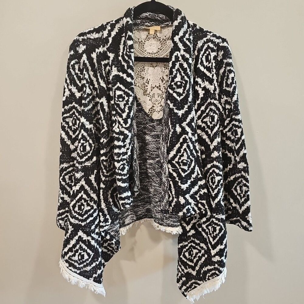 Takara Open Knit Black White Geometric Cardigan Sweater Duster Size Small